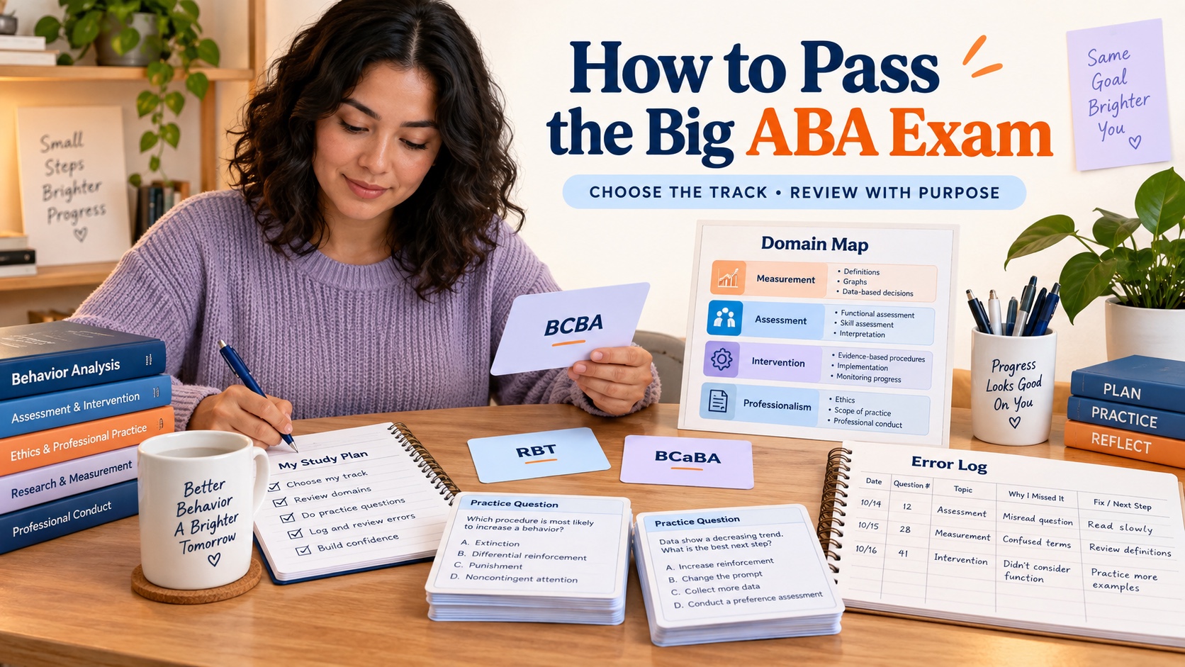 A learner organizing a track-specific ABA exam study plan with domain cards, practice questions, and a review notebook.