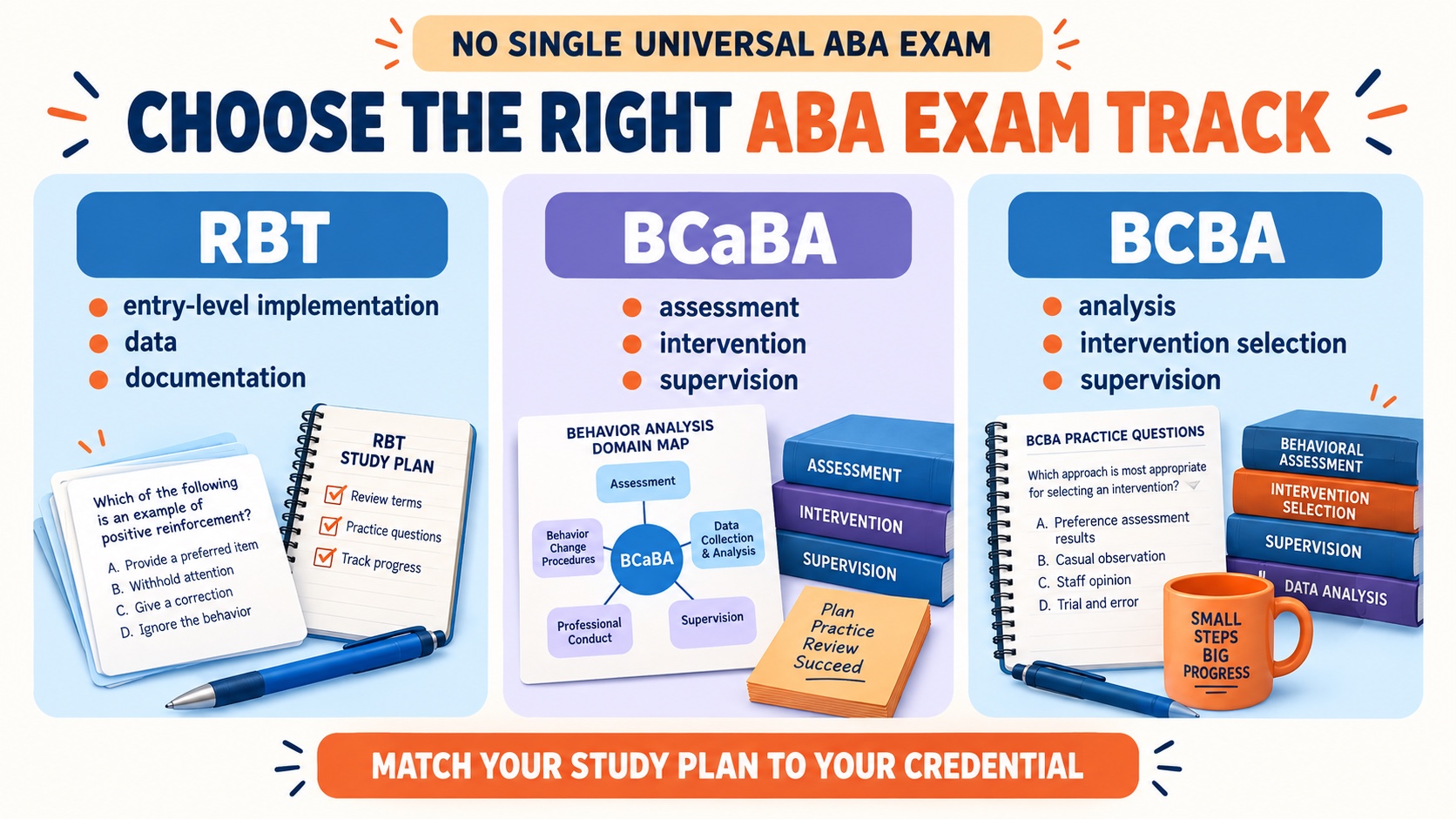 ABA exam track map separating RBT, BCaBA, and BCBA study paths with different levels of responsibility and content.
