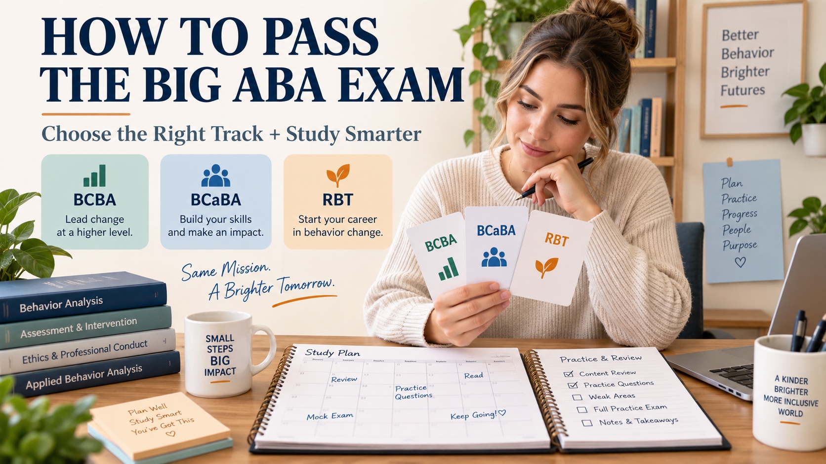 A White female ABA candidate reviews three BACB track cards, current source documents, a study calendar, and practice-review notes in one integrated editorial scene.