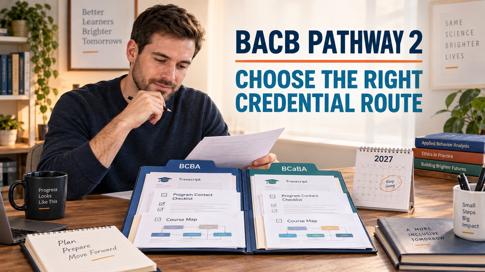 A realistic White male learner reviews a BACB Pathway 2 document folder with separate BCBA and BCaBA tabs, a Program Contact checklist, transcript pages, and a 2027 calendar in an integrated ABA Study Online editorial scene titled BACB Pathway 2 Choose the Right Credential Route.