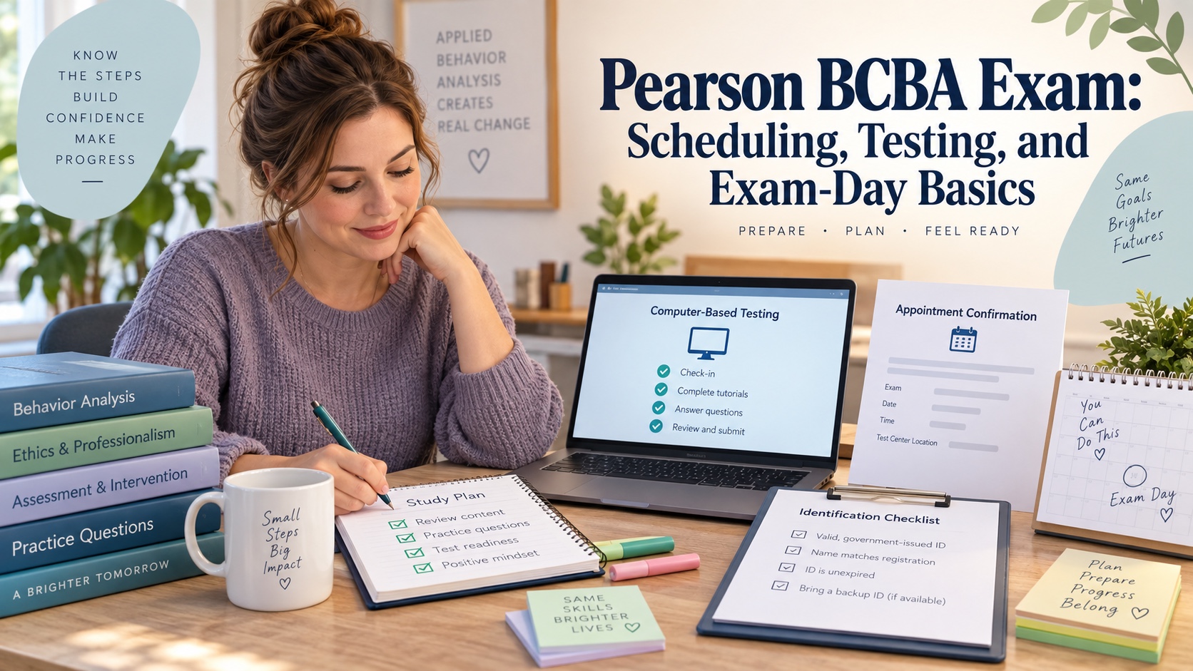 A realistic White woman reviews a generic Pearson BCBA exam appointment confirmation, computer-based testing screen, identification checklist, and study notebook in an integrated editorial cover.