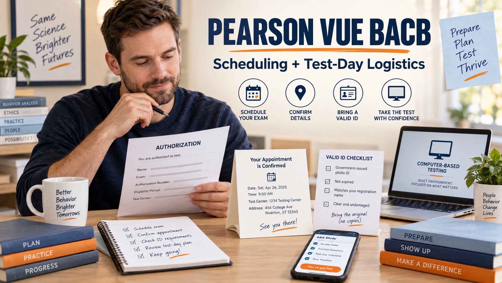 A White male ABA candidate checks an Authorization to Test letter, a neutral appointment screen, a valid ID checklist, and a study phone in one integrated editorial testing-preparation scene.