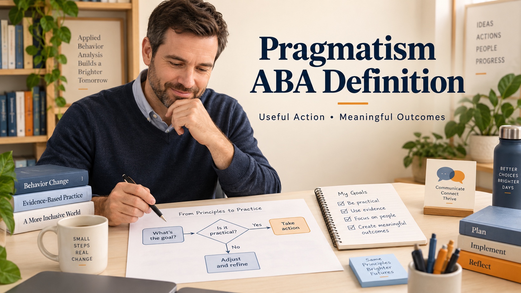 A White man ABA learner reviewing a practical decision map, goal notes, and outcome chart in an editorial study scene.