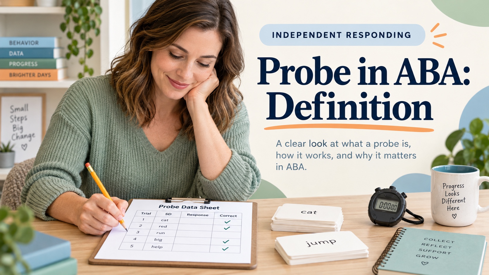 A White female ABA learner reviewing a probe data sheet, flashcards, stopwatch, and independent-response checklist in an editorial study scene.