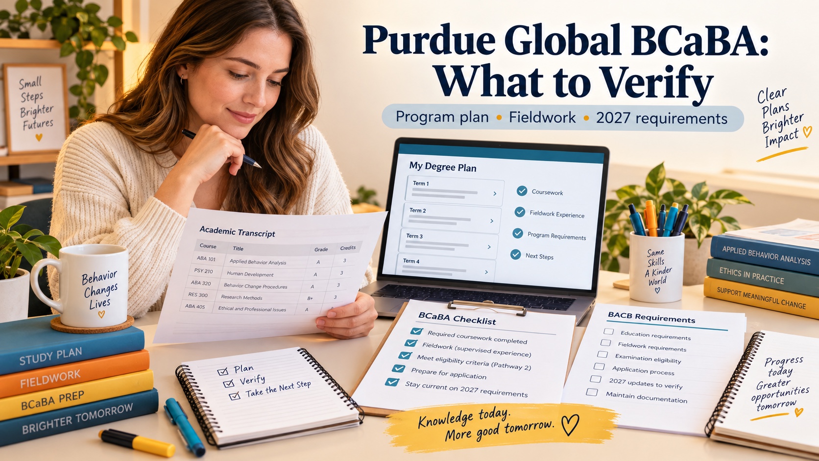 A realistic White female student reviews a Purdue Global ABA degree plan, BCaBA checklist, transcript, and supervised-learning notes in one integrated editorial scene with the title Purdue Global BCaBA: What to Verify.