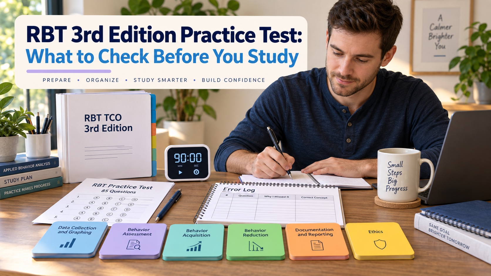 A White man reviews an RBT 3rd edition practice test with an 85-question sheet, six-domain outline, timer, score report, and error log in an integrated ABA Study Online editorial scene.