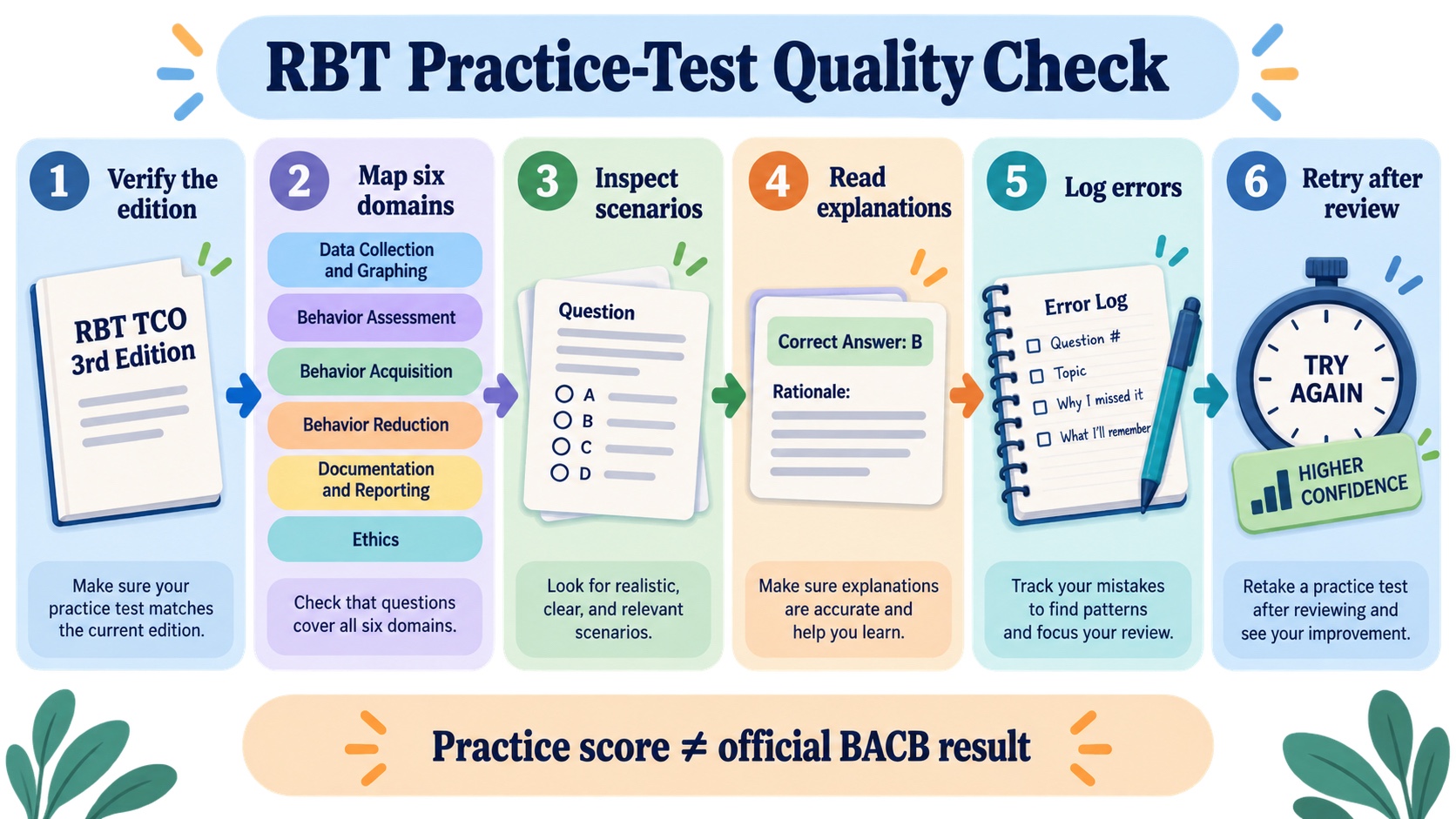 No-person infographic showing an RBT practice-test quality-check loop: verify the edition, map six domains, inspect scenario questions, read explanations, log errors, and retry after review.