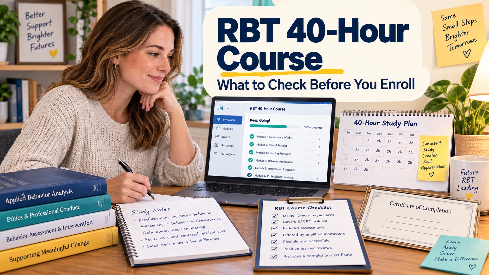 A White woman compares an RBT 40-hour course dashboard, study calendar, curriculum checklist, and completion certificate placeholder in an integrated ABA Study Online editorial scene.