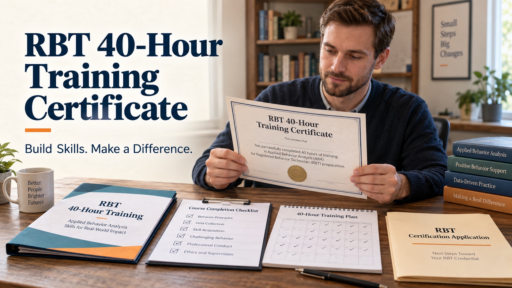 A realistic White man reviews an RBT 40-hour training certificate beside a course checklist, 40-hour training plan, and separate RBT certification application folder in one integrated editorial scene.