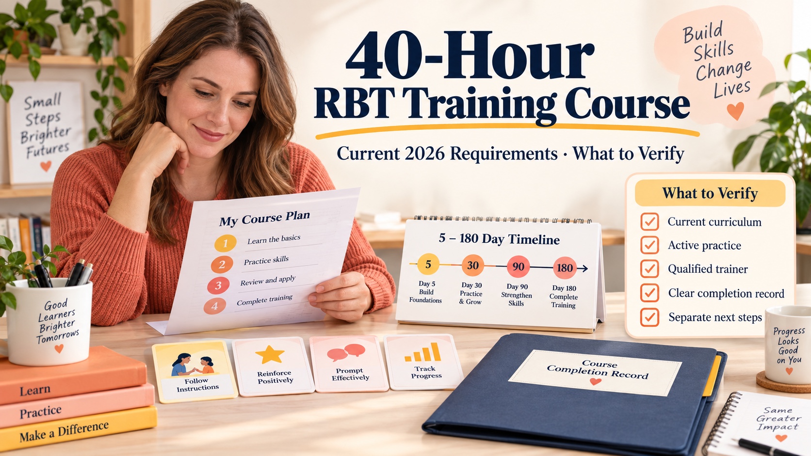 A White woman reviews a 40-hour RBT training course plan with a timeline, practice cards, and a certificate folder.