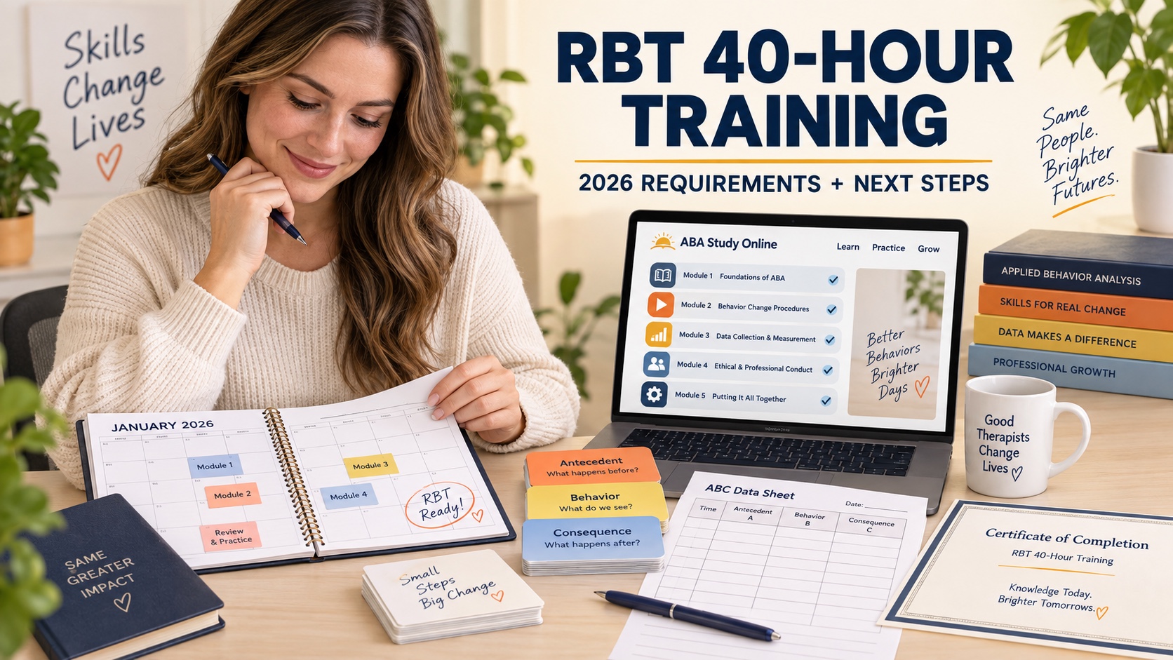 A White female RBT trainee reviews a training calendar, lesson modules, behavior-change practice cards, data sheet, and a completion certificate in one integrated editorial scene.
