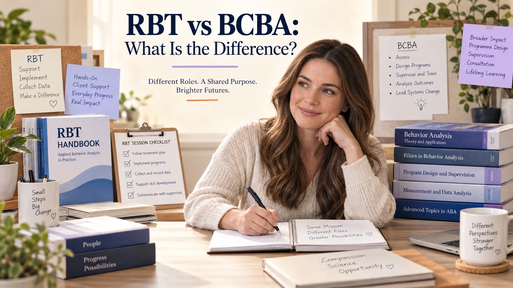 A White female professional compares an RBT handbook, BCBA graduate study materials, and a role pathway board in one integrated editorial scene.