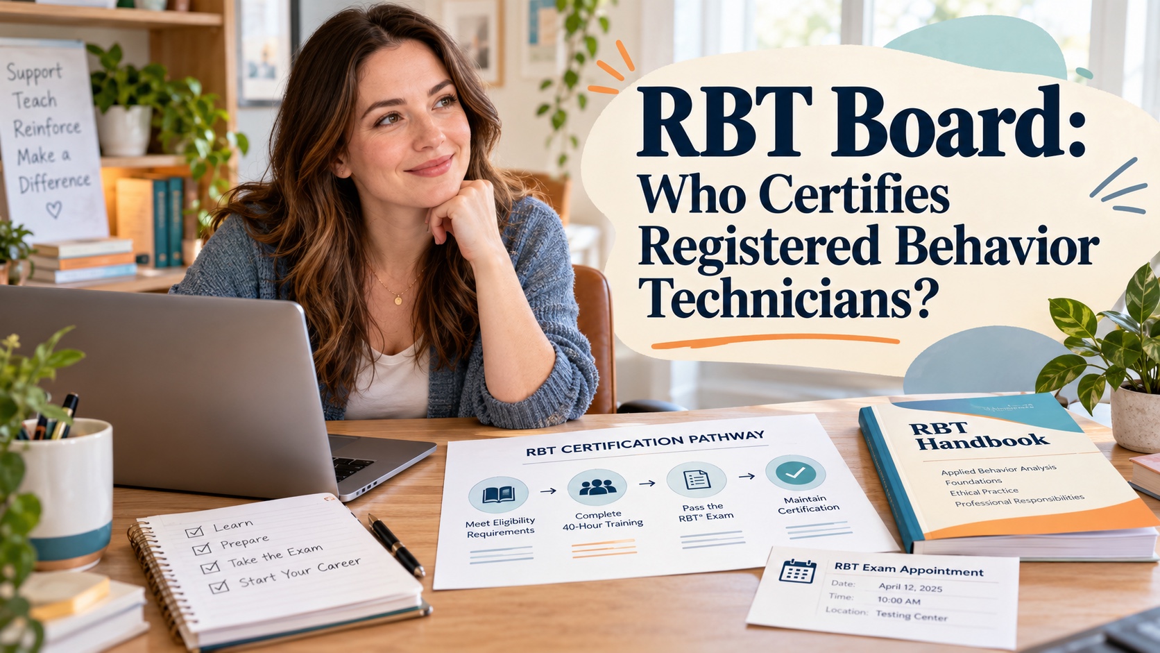 A realistic White woman studies an RBT certification pathway with a BACB handbook and exam appointment card in an integrated ABA Study Online editorial scene.