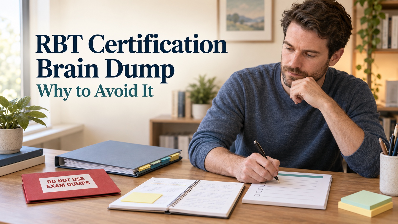 A realistic White man compares an RBT study plan and original practice materials with a clearly marked do-not-use exam dump warning in an integrated editorial cover.