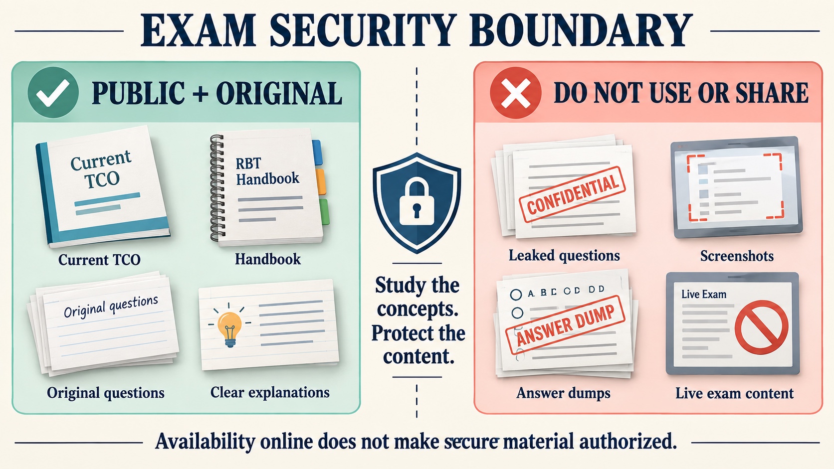 No-person infographic showing the RBT exam-security boundary: confidential content should not be copied or shared, while public TCO-based study materials are appropriate.