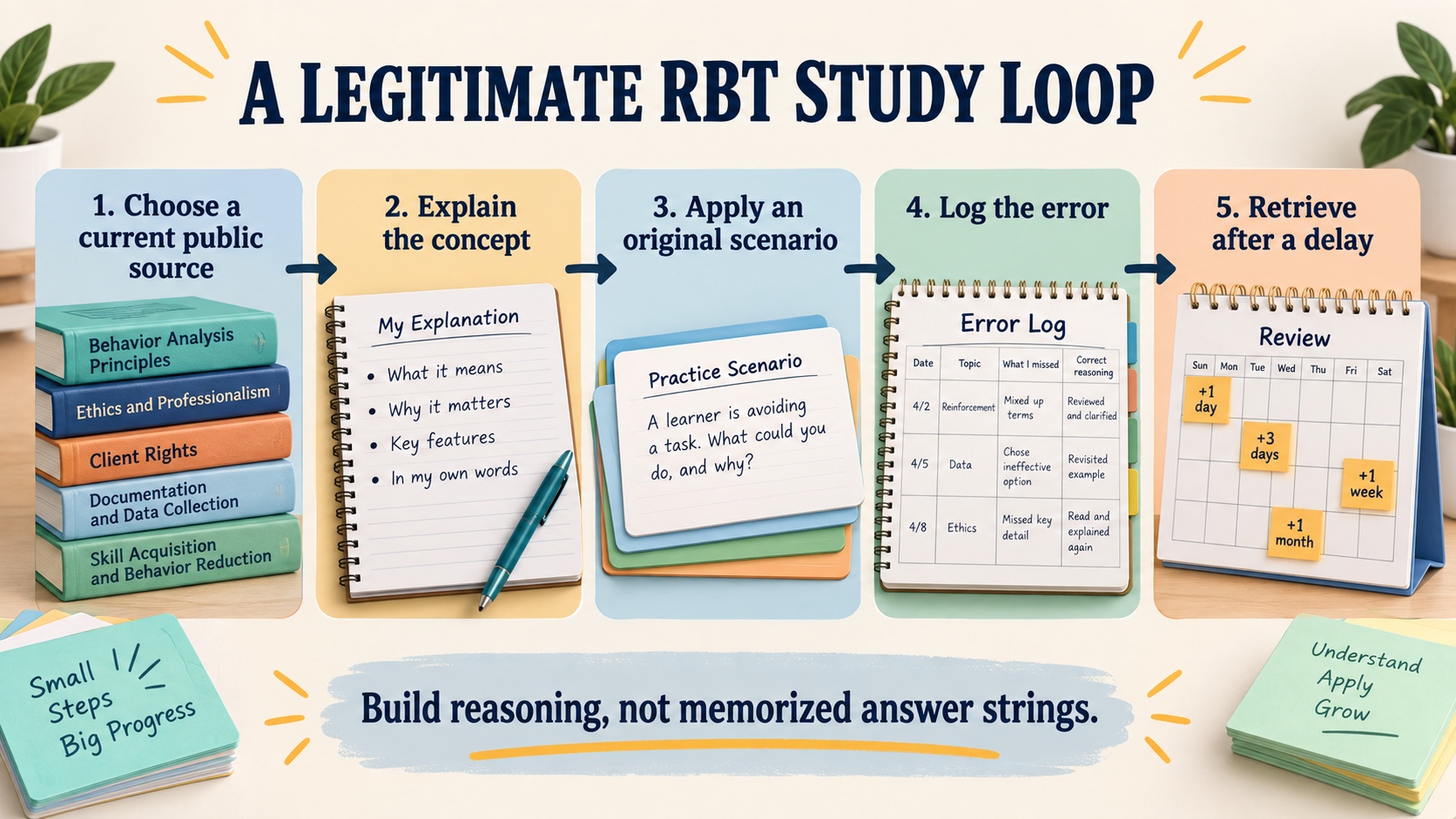 No-person infographic showing a legitimate RBT study loop from current public sources to original practice, explanation, error logging, delayed retrieval, and a new application.