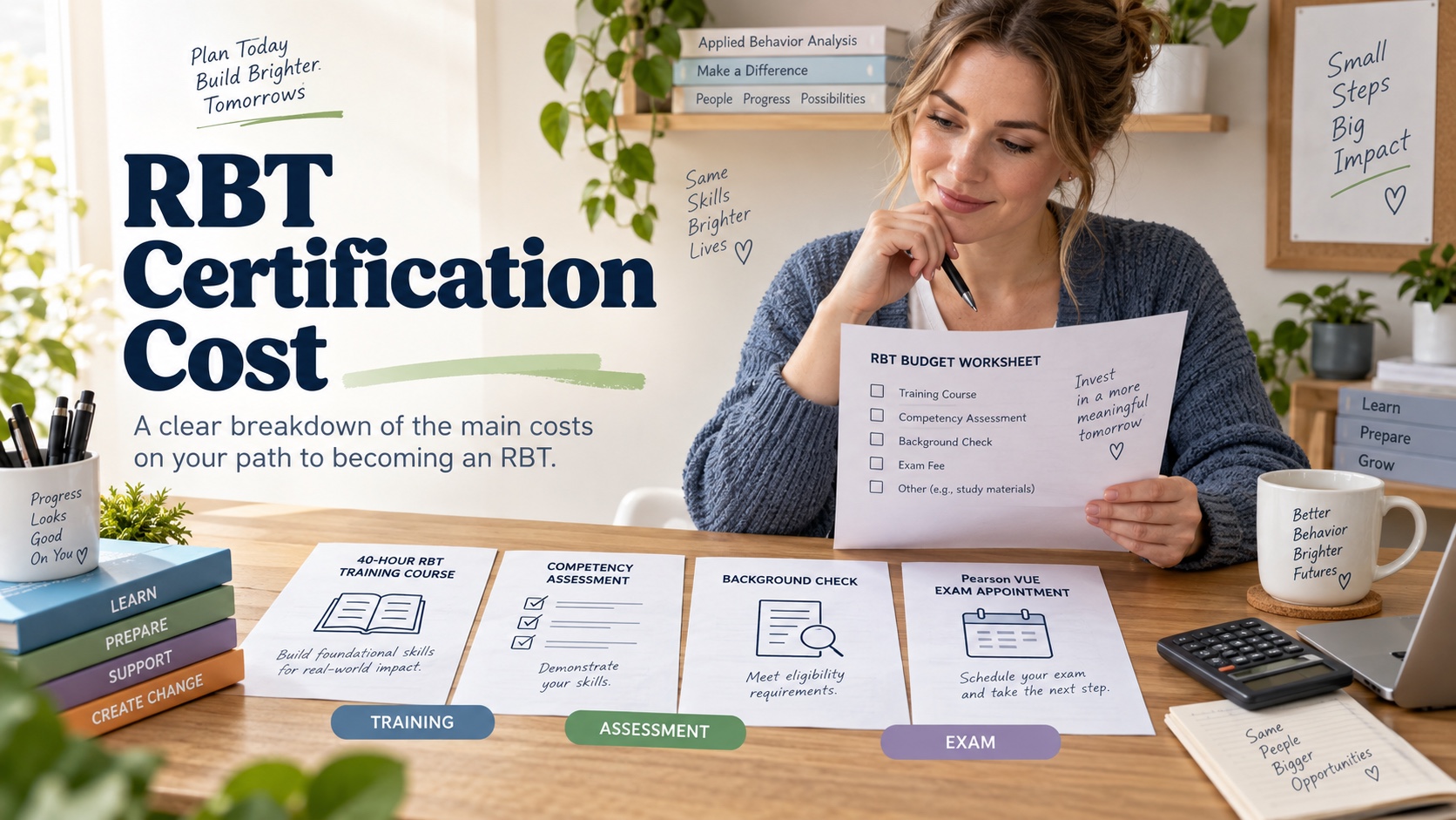 A realistic White woman reviews an RBT certification budget worksheet with training, competency assessment, background check, and Pearson VUE exam documents in one integrated editorial scene.