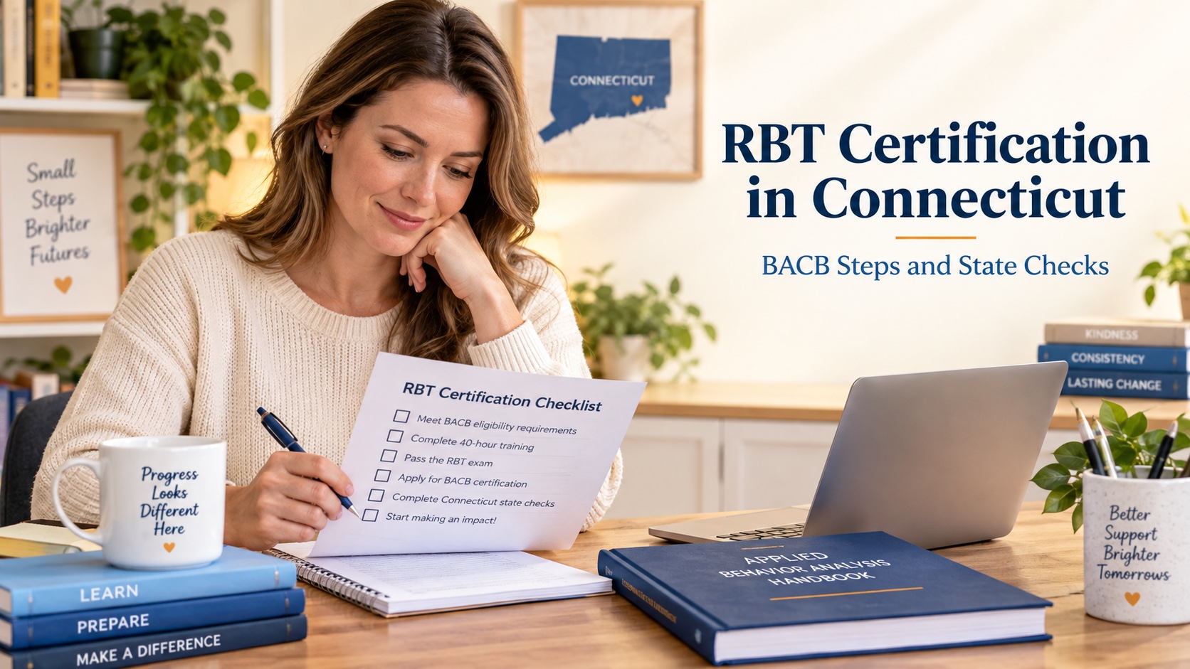 A realistic White woman reviews an RBT certification checklist, BACB handbook, Connecticut map cue, and employer questions in one integrated editorial scene titled RBT Certification in Connecticut BACB Steps and State Checks.