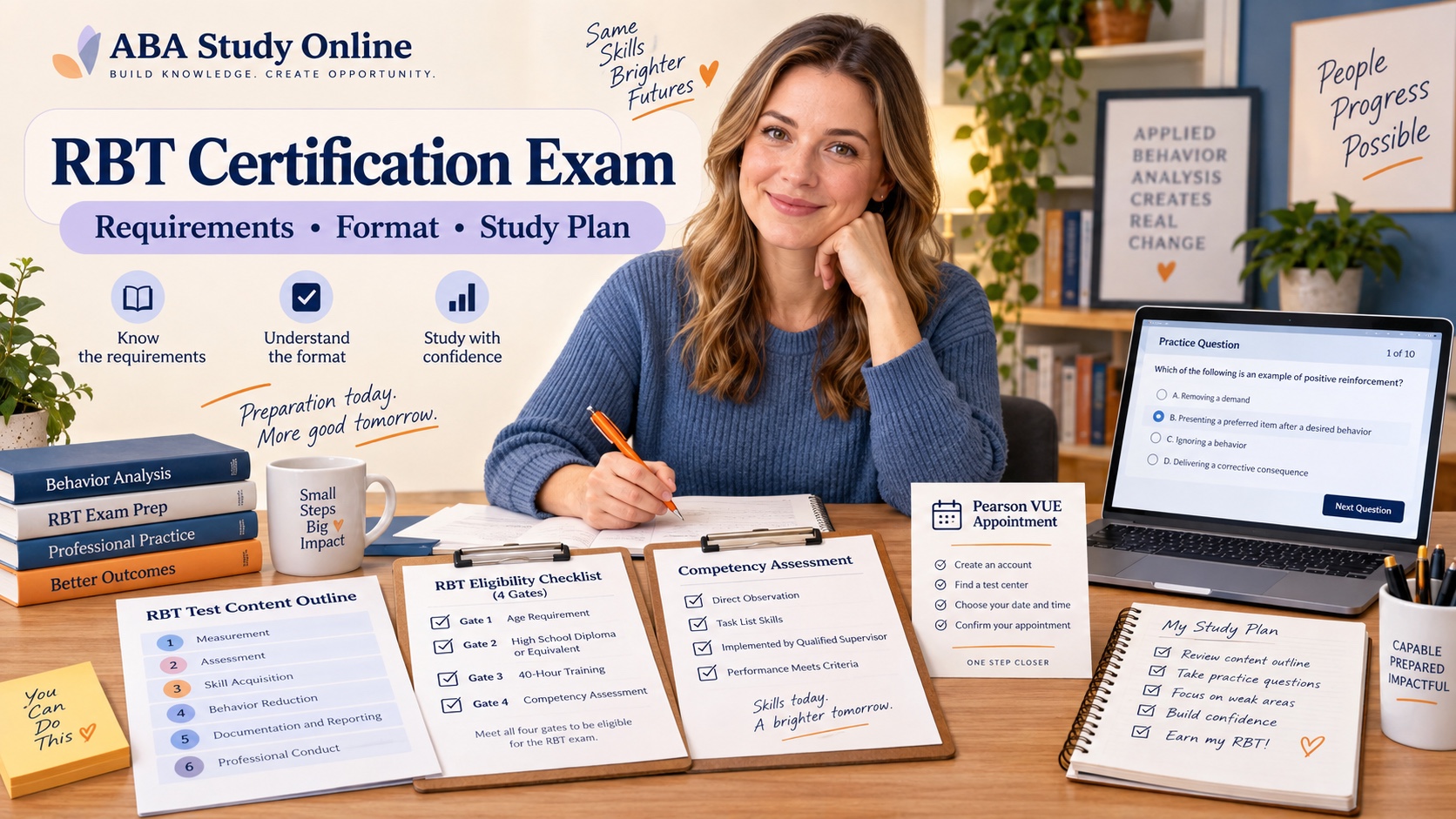 A White female learner reviews an RBT certification exam content outline, competency checklist, Pearson appointment note, and study materials in one integrated editorial scene.