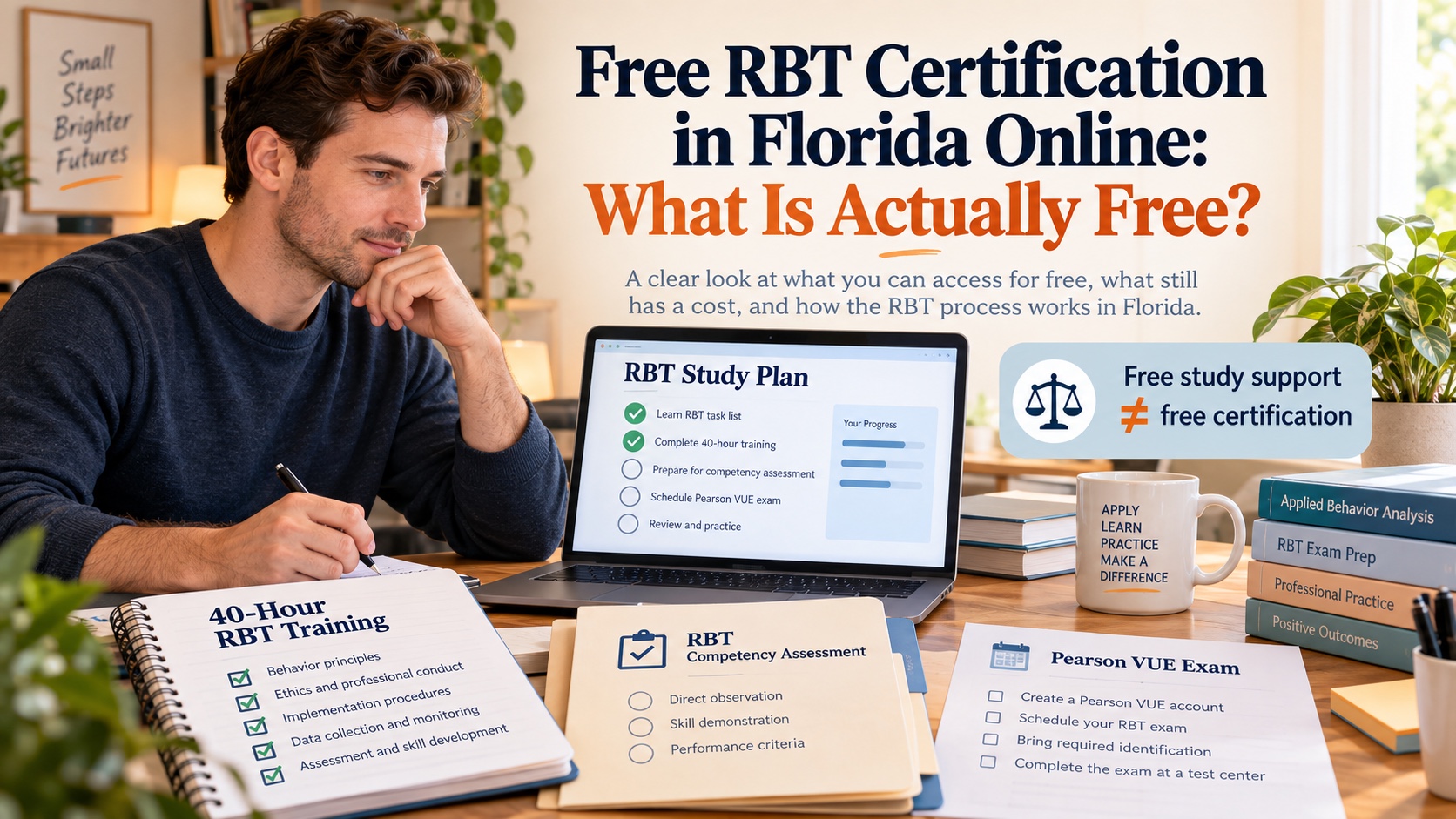 A realistic White man learner reviews an online RBT study plan, 40-hour training checklist, competency assessment folder, and Pearson VUE exam note in an integrated editorial scene titled Free RBT Certification in Florida Online: What Is Actually Free?