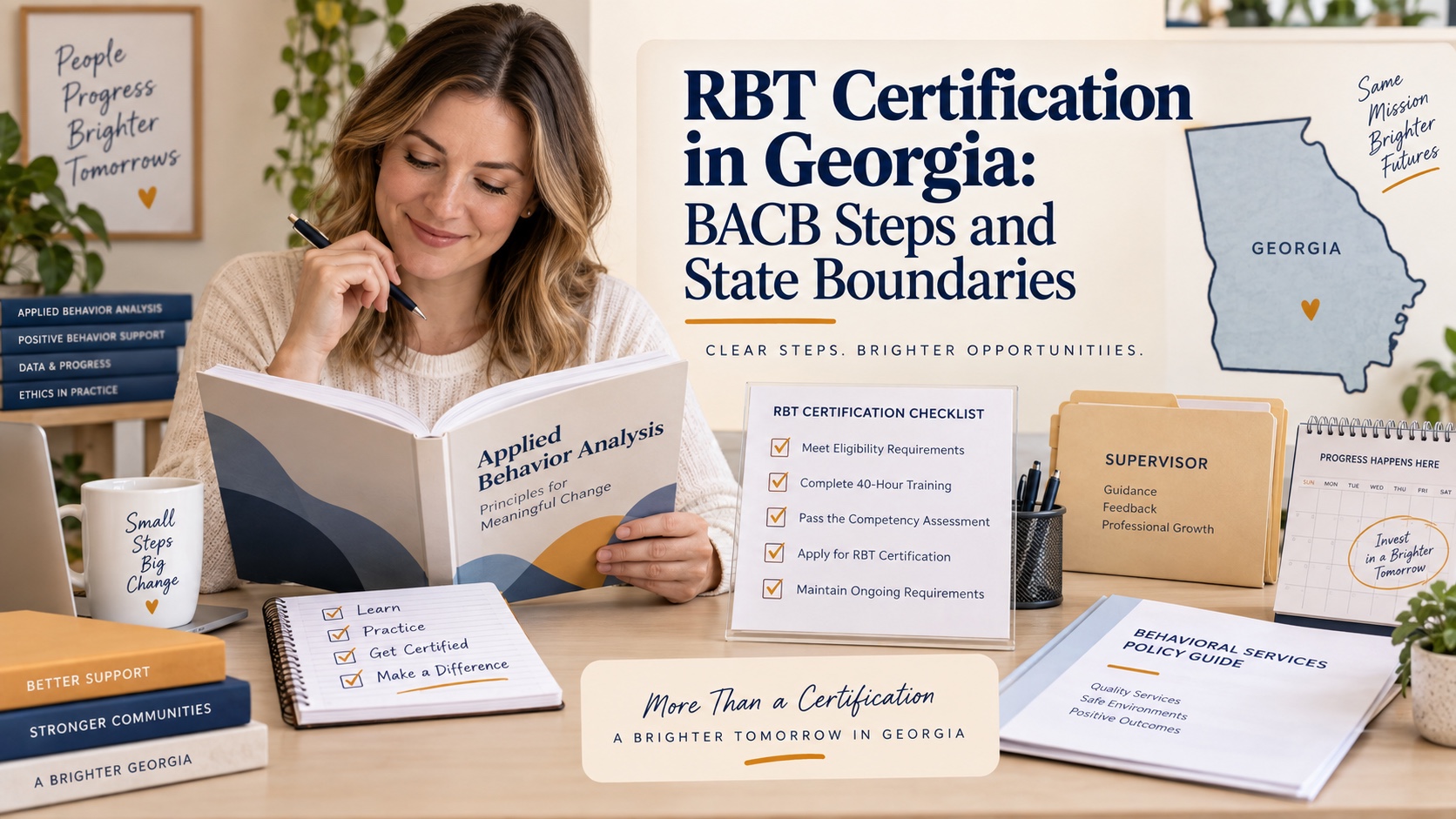 A realistic White woman reviews an RBT certification checklist, neutral BACB handbook, Georgia map cue, supervisor folder, and Medicaid questions in one integrated editorial scene titled RBT Certification in Georgia BACB Steps and State Boundaries.