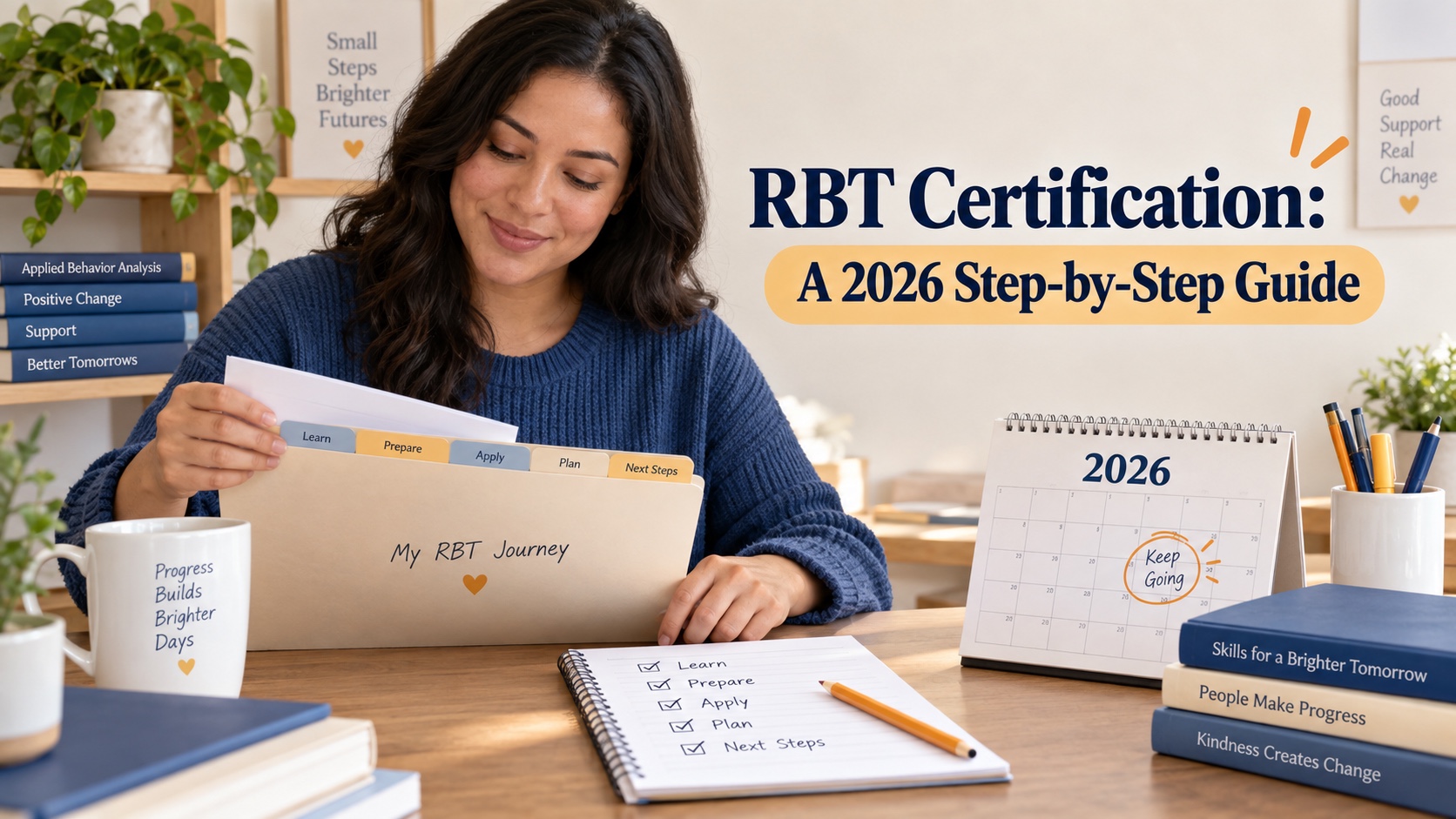 A learner organizing the steps toward RBT certification with a folder, calendar, and study notes.