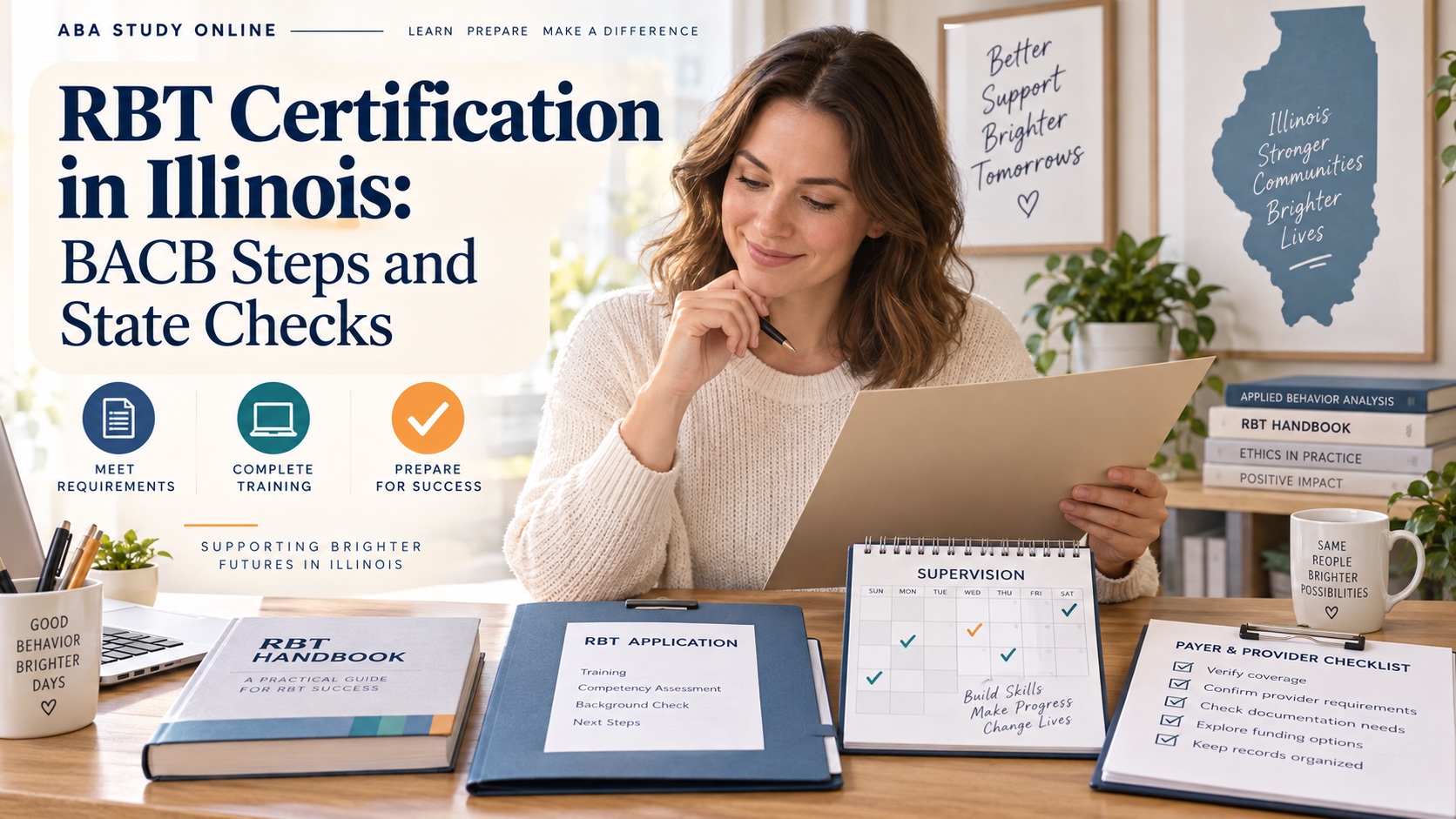 A realistic White woman reviews an RBT handbook, application folder, Illinois map cue, supervision calendar, and payer checklist in an integrated editorial scene titled RBT Certification in Illinois: BACB Steps and State Checks.