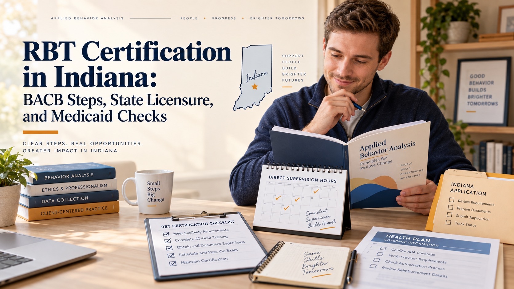 A realistic White man reviews an RBT certification checklist, neutral handbook, Indiana map cue, direct-supervision calendar, and payer document in one integrated editorial scene titled RBT Certification in Indiana BACB Steps State Licensure and Medicaid Checks.