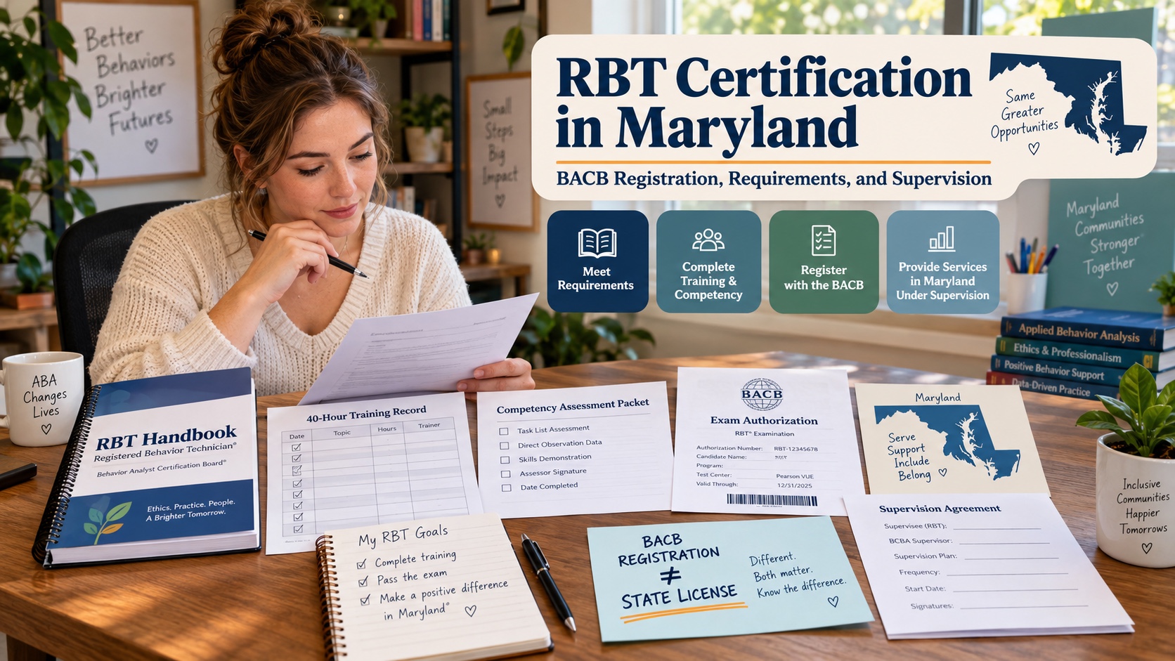 A White female RBT learner reviews BACB registration steps, Maryland service documents, a supervision plan, and a state-context checklist in one integrated editorial scene.