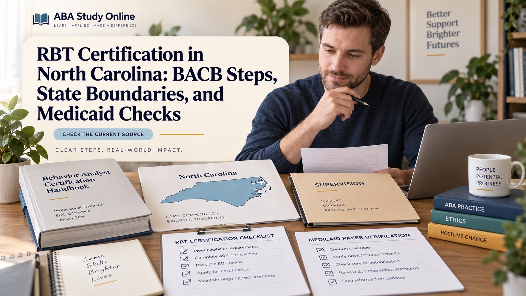 A White man reviews an RBT certification pathway for North Carolina with a neutral BACB handbook, North Carolina map outline, supervision folder, and payer checklist in one integrated editorial scene.