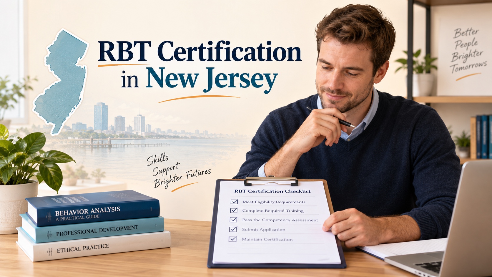 A White male professional reviews an RBT certification checklist, BACB handbook, New Jersey map outline, and employer questions in one integrated editorial scene.