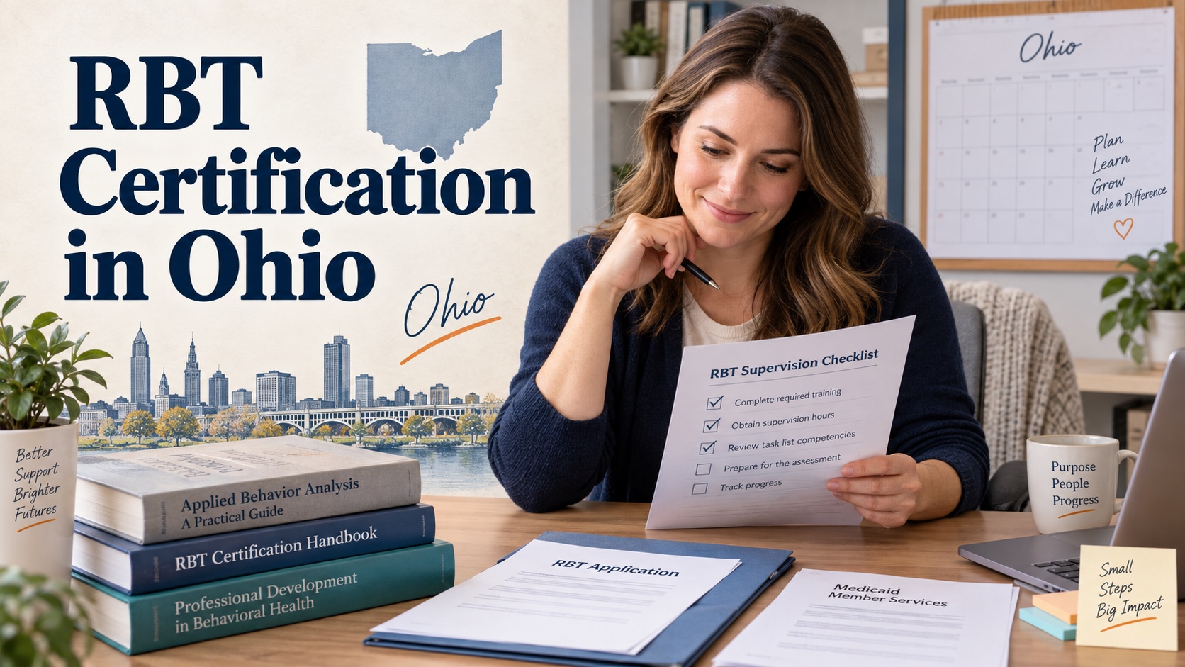 A realistic White woman reviews an RBT certification checklist, neutral BACB handbook, Ohio map cue, supervision calendar, and Medicaid document in one integrated editorial scene titled RBT Certification in Ohio.