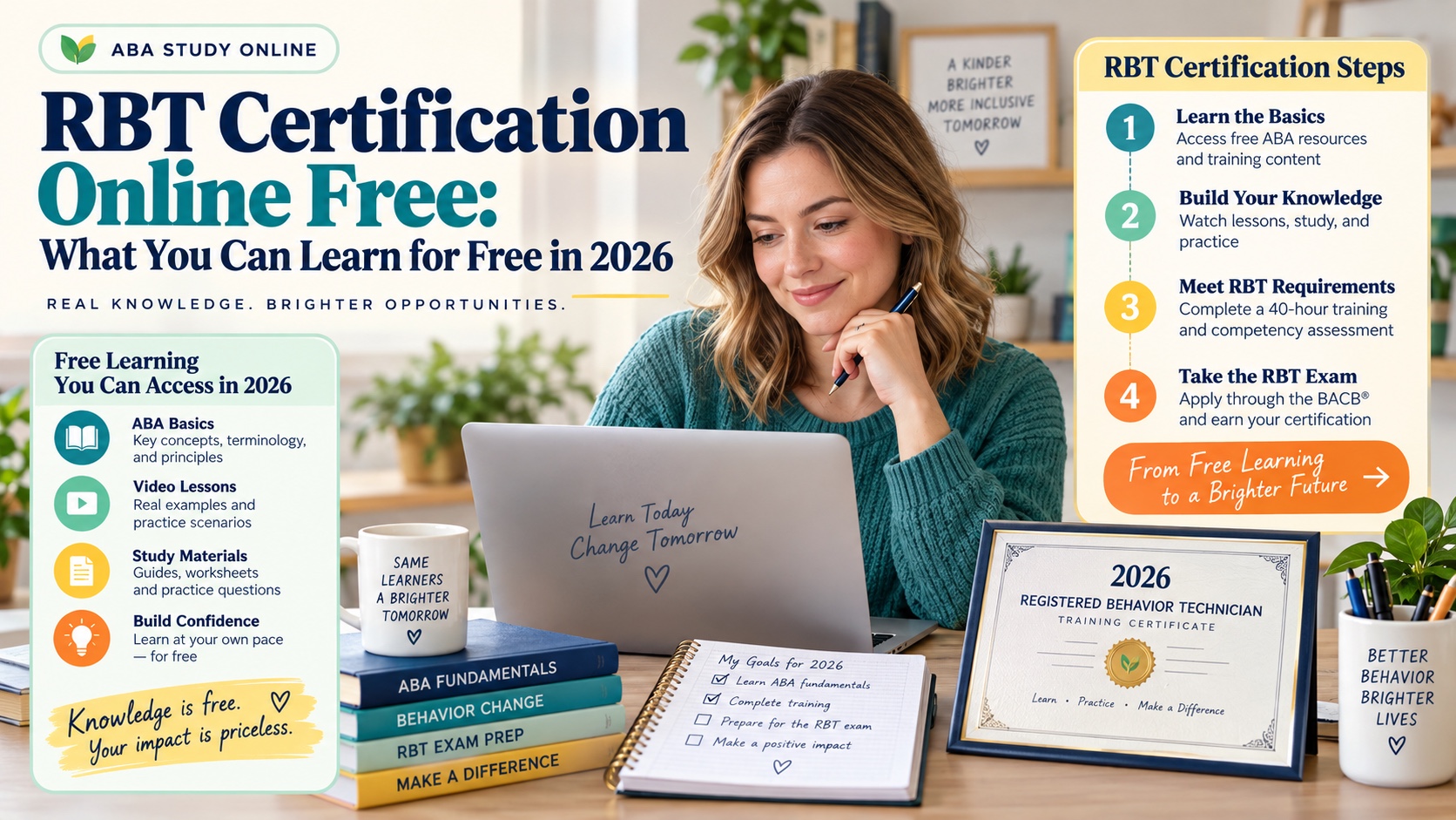 A White woman reviews an online RBT course, a 2026 training certificate, a competency checklist, and a cost comparison on a laptop and study desk in an integrated ABA Study Online editorial scene.