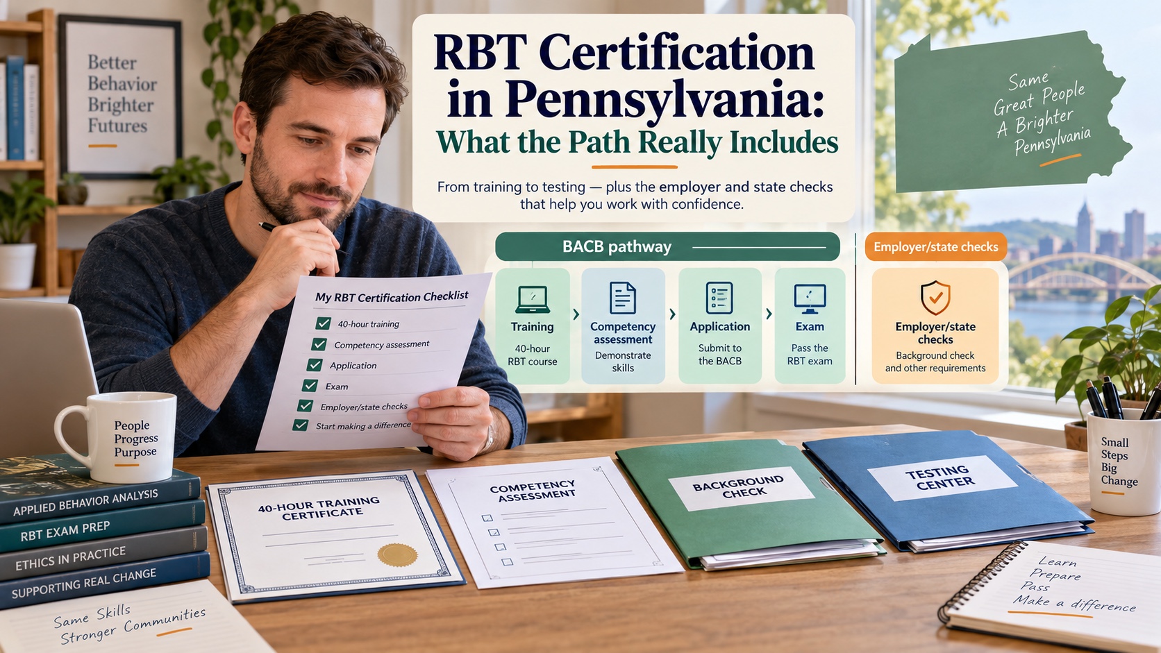 A realistic White man reviews an RBT certification checklist for Pennsylvania beside a map cue, training certificate, competency form, and testing-center folder in an integrated editorial cover.