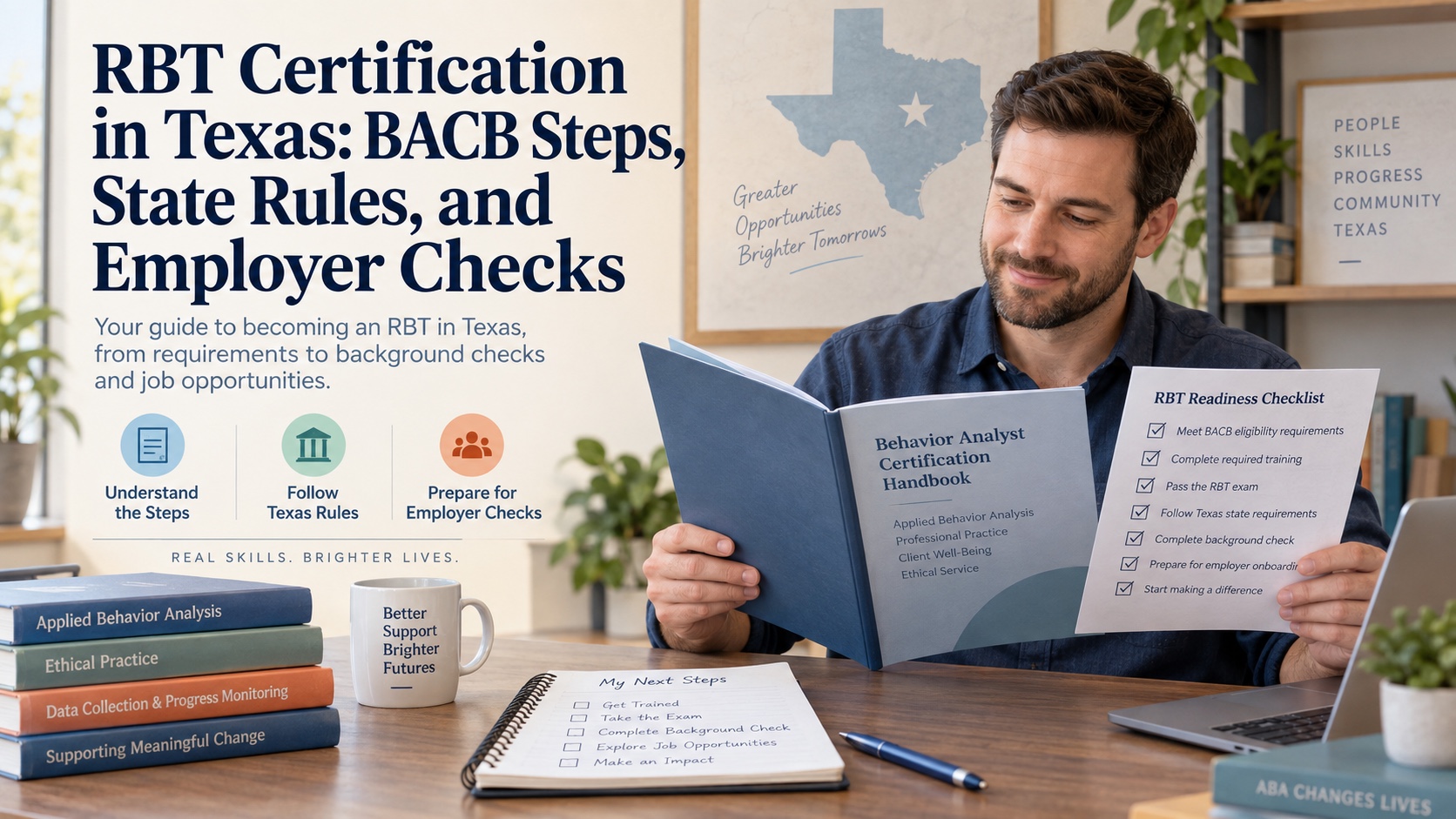 A White man reviews a Texas RBT certification pathway with a BACB handbook, supervision checklist, and state-rule folder in an integrated ABA Study Online editorial scene without showing real credential data.