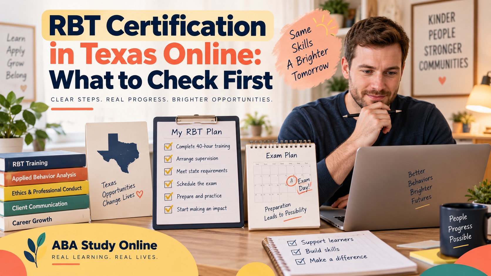 A realistic White male learner reviews an online RBT certification plan for Texas with a neutral Texas map, training checklist, supervision notes, and exam calendar in an integrated editorial cover.