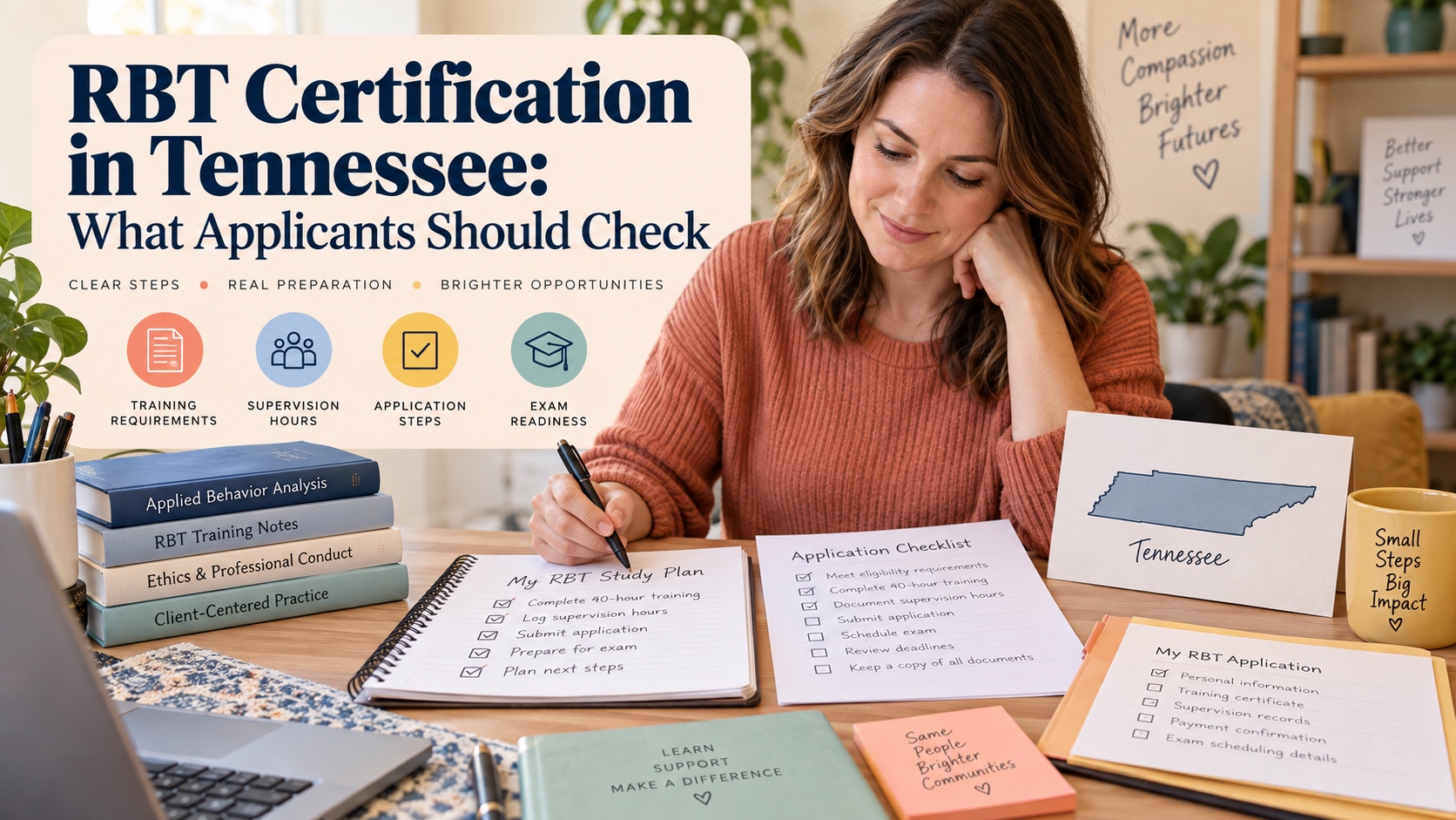 A realistic White woman reviews an RBT certification checklist for Tennessee with a neutral state map, training notebook, supervision notes, and organized application papers in an integrated editorial cover.