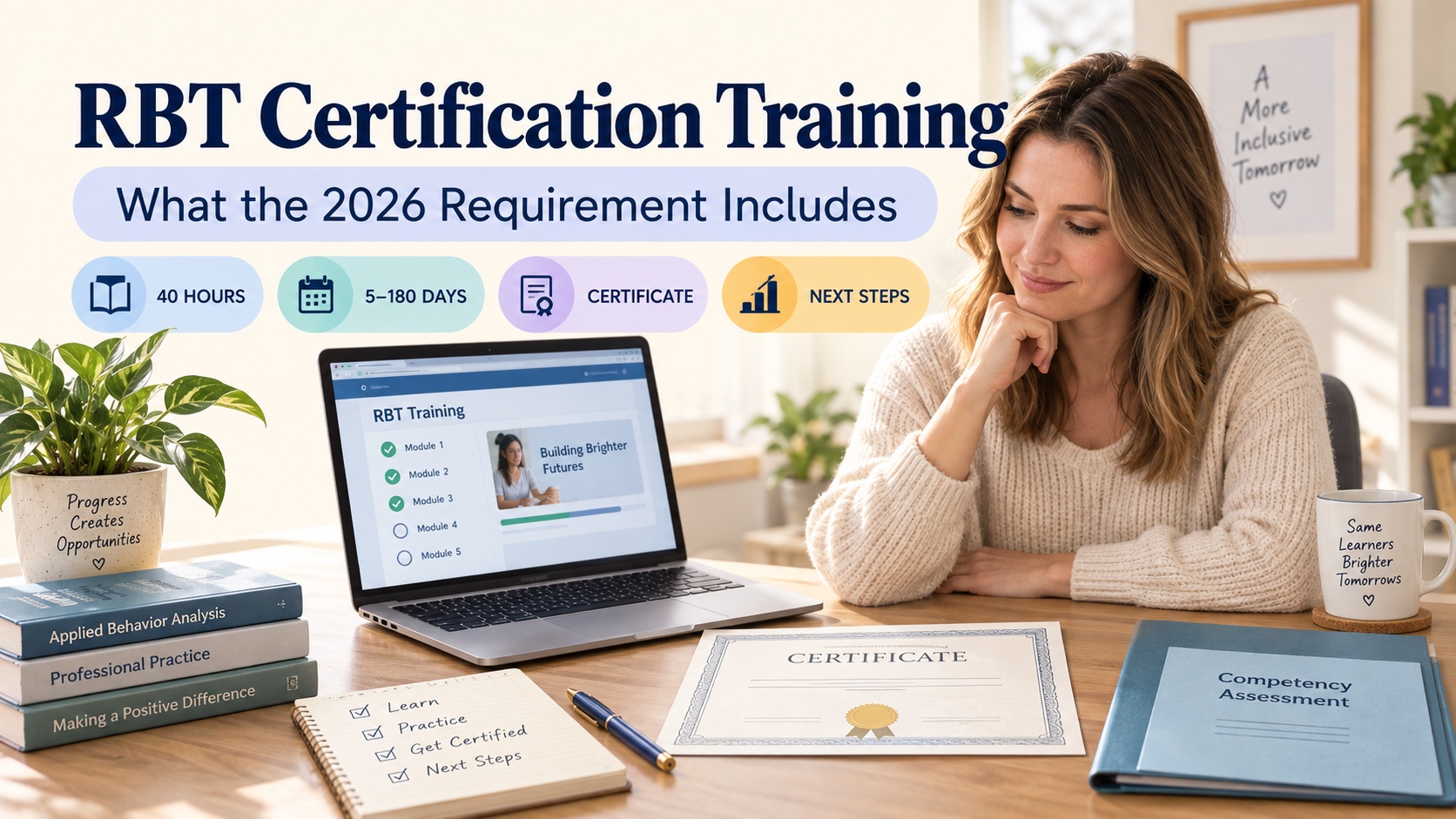 A White female learner reviews an RBT certification training plan with online course modules, a 40-hour certificate, a completion calendar, and a separate competency-assessment folder in one integrated editorial scene.