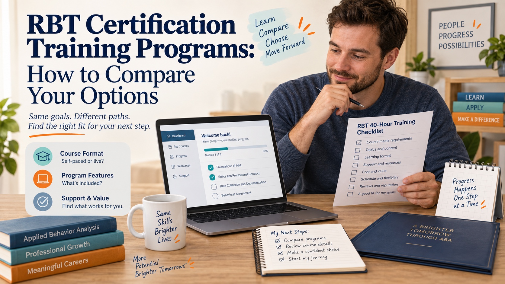 A realistic White male learner compares RBT certification training programs with a laptop course dashboard, a 40-hour checklist, and a completion calendar in one integrated editorial scene.