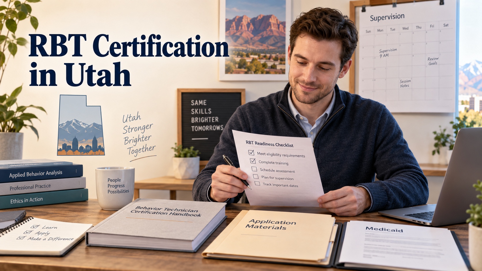 A realistic White man reviews an RBT certification checklist, neutral BACB handbook, Utah map cue, supervision calendar, and Medicaid document in one integrated editorial scene titled RBT Certification in Utah.