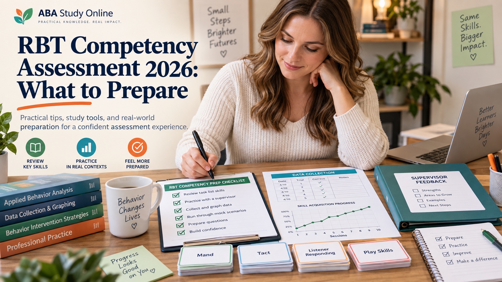 A realistic White female learner prepares for the 2026 RBT competency assessment with a checklist, data sheet, graph, skill cards, and supervisor feedback folder in one integrated editorial scene.