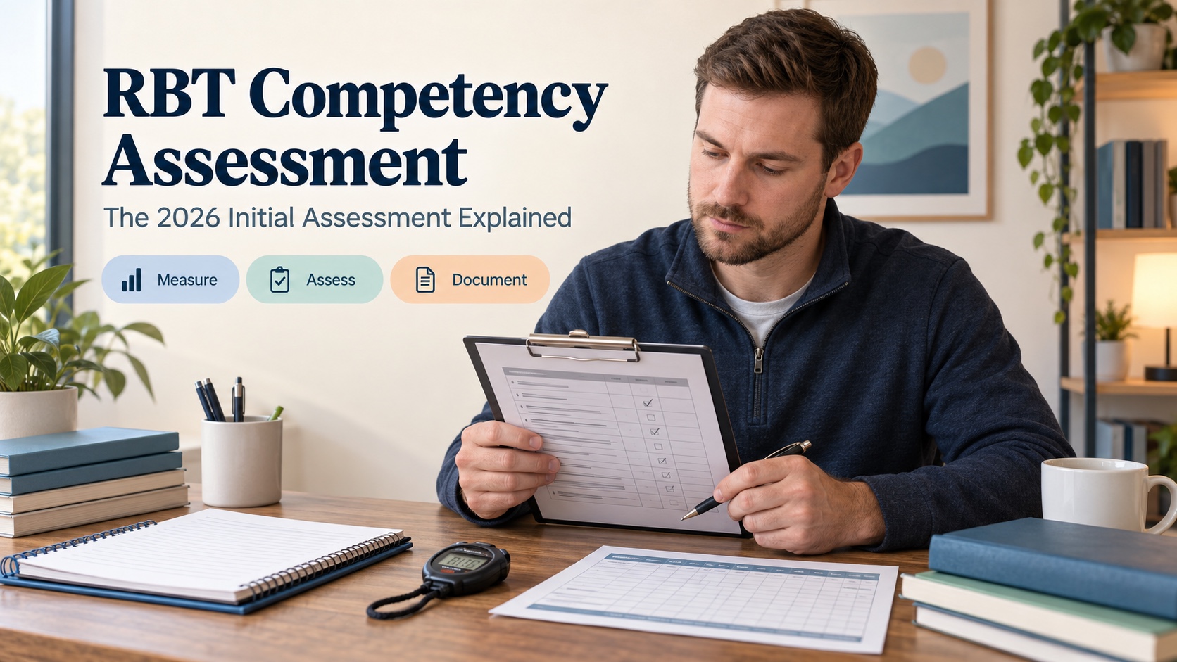 A White man RBT learner reviewing a competency assessment clipboard, data sheets, and training notes in an editorial study scene.