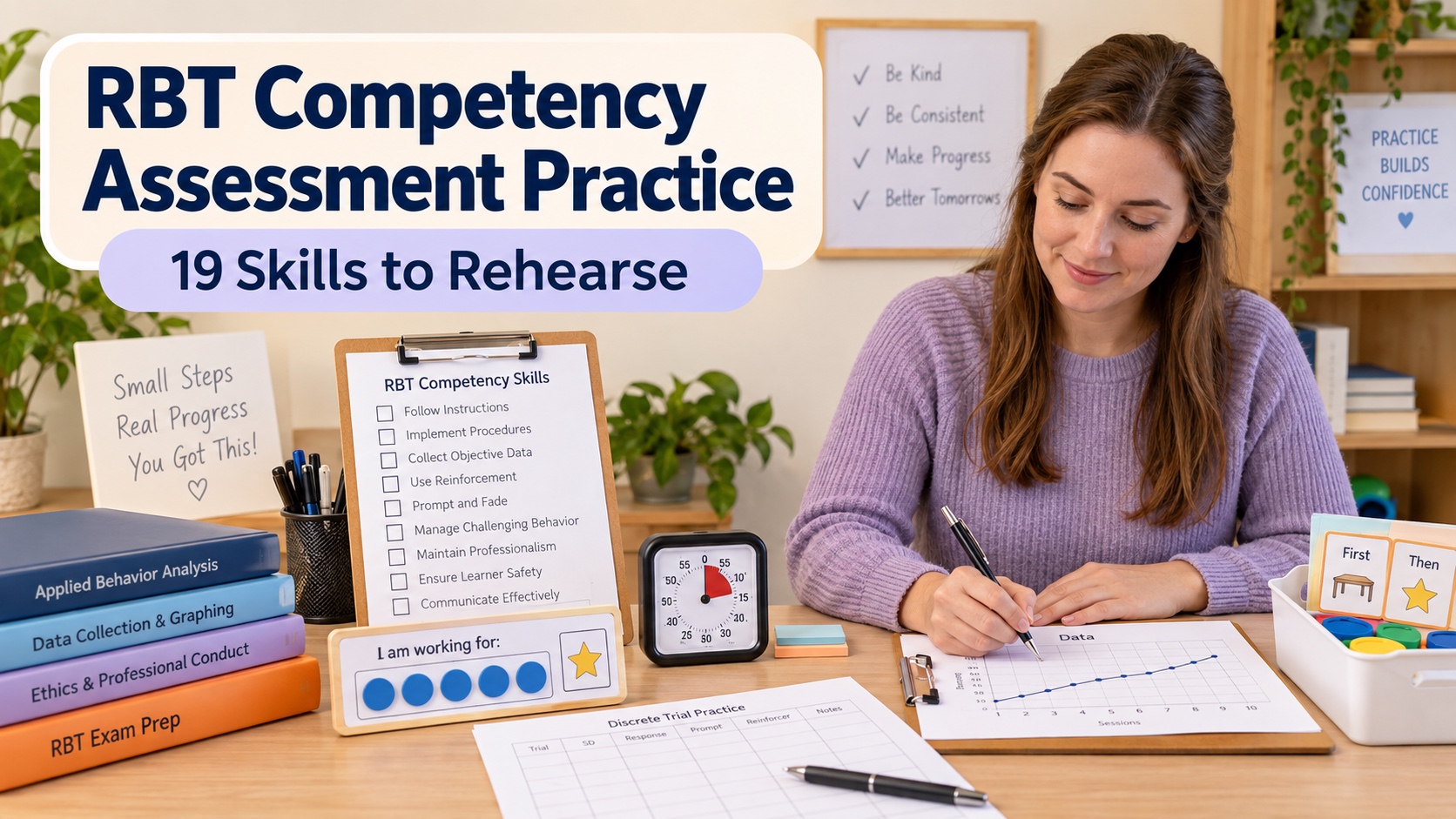 A realistic White woman practices RBT competency skills with a clipboard, data sheet, graph, token board, and integrated editorial title.