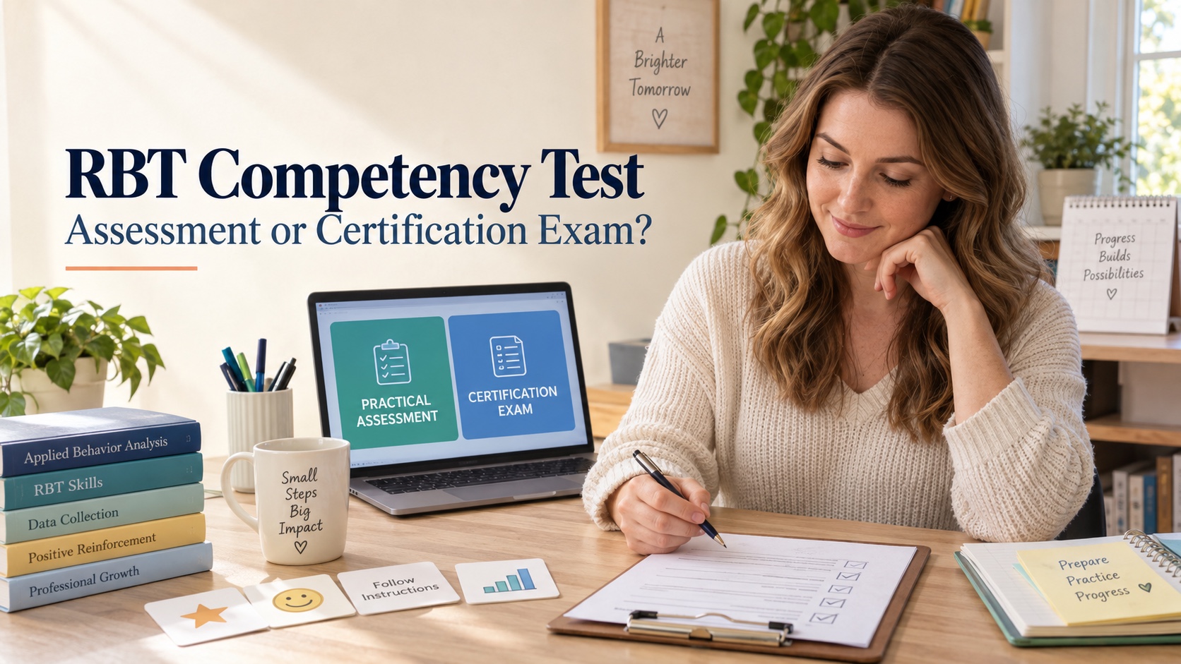 A realistic White woman reviews an RBT competency assessment checklist beside a practice question screen, skill cards, and a calendar in an integrated editorial cover.