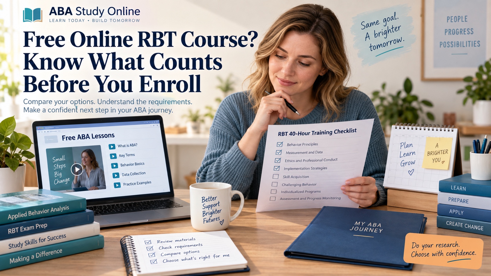 A realistic White female learner compares free online ABA study materials with a formal RBT 40-hour training checklist, calendar, and certificate folder in one integrated editorial scene.