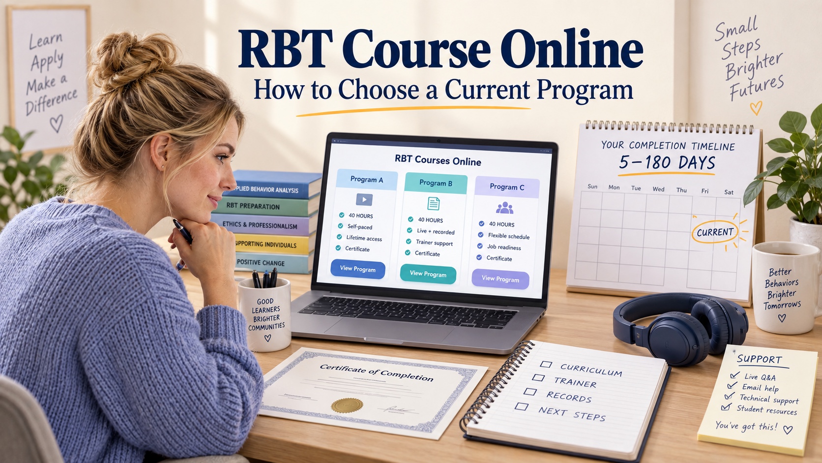 A White female learner compares online RBT course materials with a laptop dashboard, completion calendar, sample certificate, and support checklist in one integrated editorial scene.