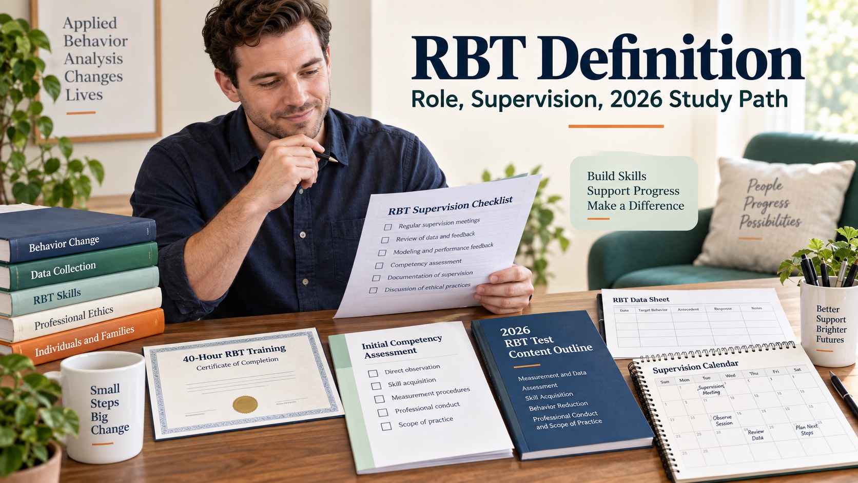 A White man reviews an RBT supervision checklist, training certificate, competency packet, and current 2026 outline in an integrated ABA Study Online editorial scene.