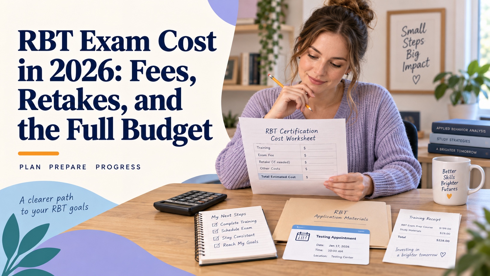 A realistic White woman reviews an RBT certification cost worksheet with a calculator, application folder, generic testing appointment card, training receipt, and study notebook in an integrated ABA Study Online editorial scene.