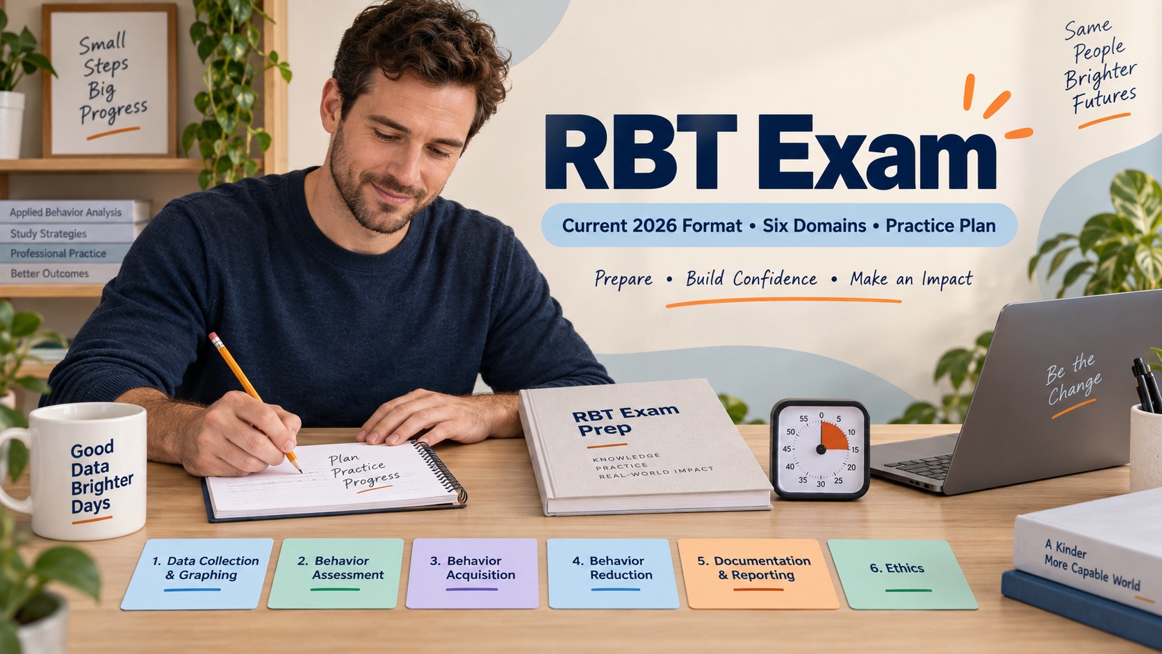 A White man prepares for the RBT exam with a neutral practice booklet, timer, pencil, and six study cards.
