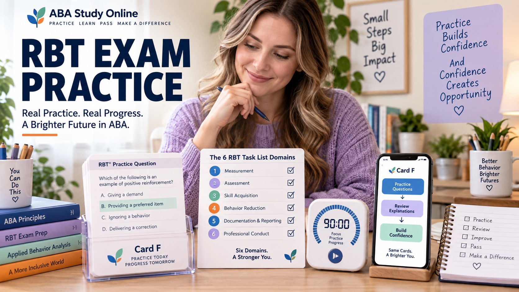 A White female RBT learner chooses among short question cards, a domain checklist, a 90-minute timer, and a phone showing an app review loop in one integrated editorial study scene.